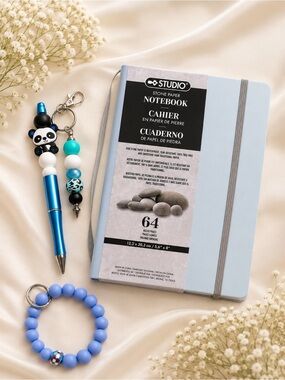 Blue Panda Gift Set | Stone Paper Notebook, Beaded Pen, wristlet
